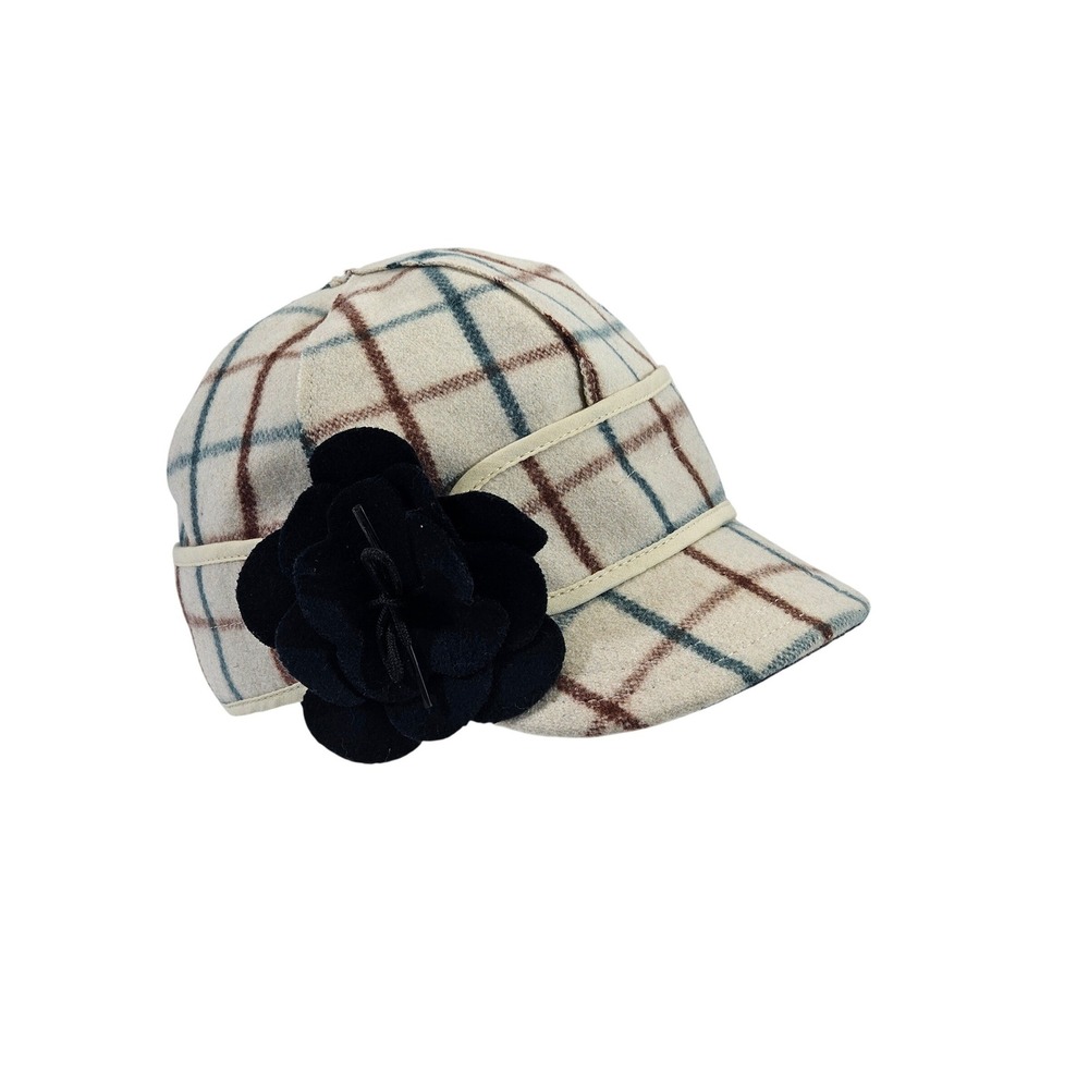 Stormy Kromer Petal Pusher Cap Cream Plaid Wool Blend Hat with Flower Size 6 7/8